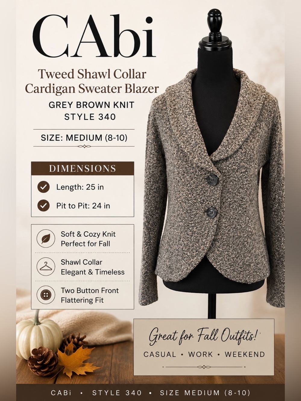 CAbi Tweed Shawl Collar Cardigan Sweater Blazer Grey Brown Knit Style 340 M